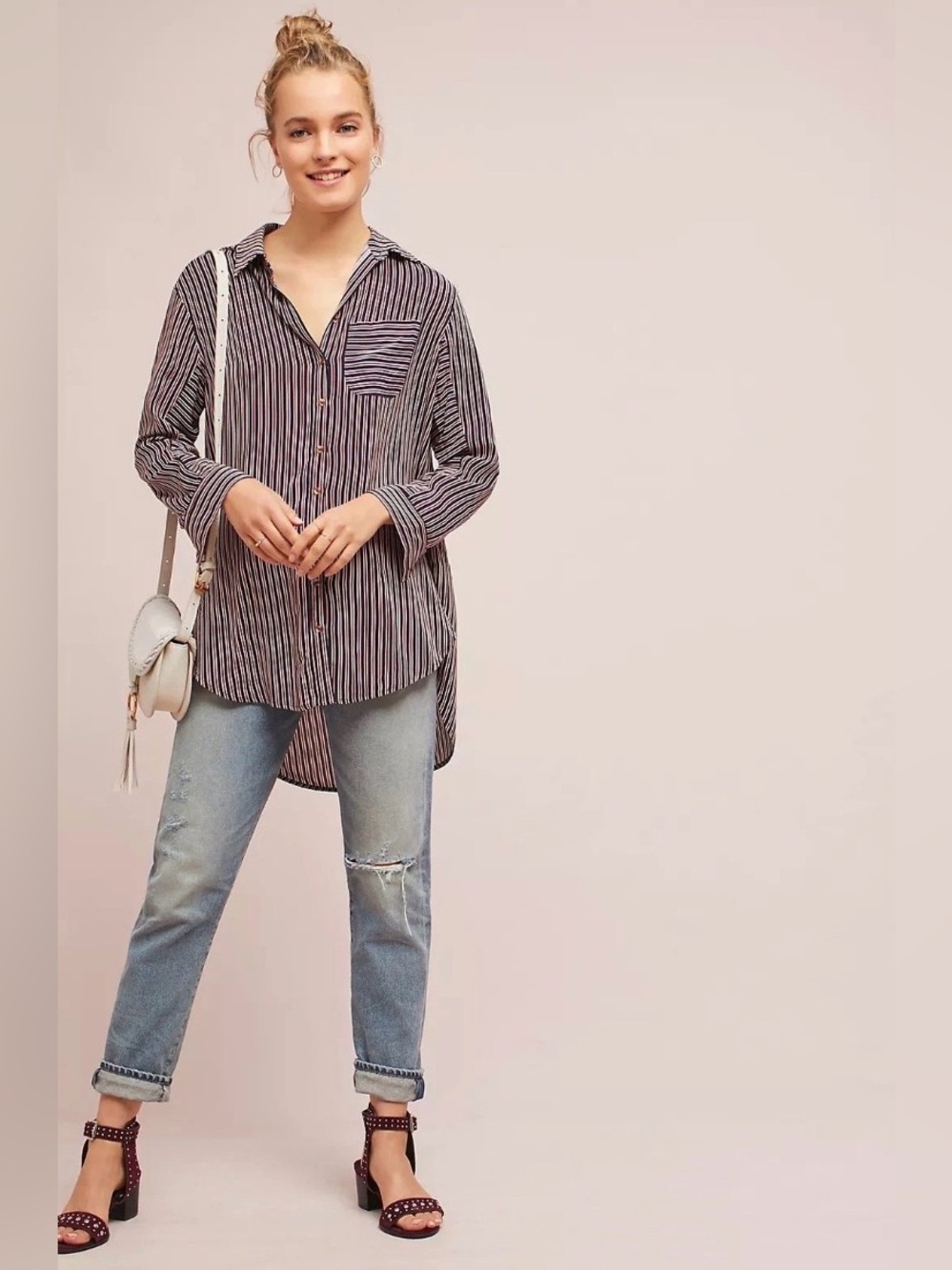 Anthropologie Maeve Adelaide button down poplin tunic shirt in red blue - XS nwt